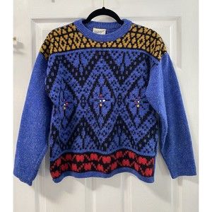 Vintage Midnight Blues Women’s Blue Patterned Fuzzy Knit Jeweled Sweater Sz S